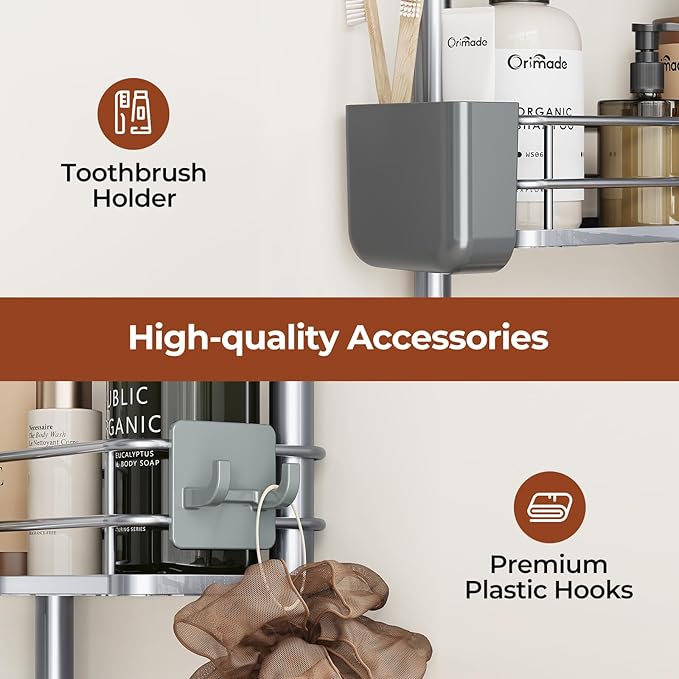 Orimade Rustproof 3 Tier Floor Standing Corner Shower Caddy Organizer with Toothbrush Holder, Large Spacing Floor Shower Shelf Rack Storage Stands with Hooks for Bathroom Kitchen, Silver