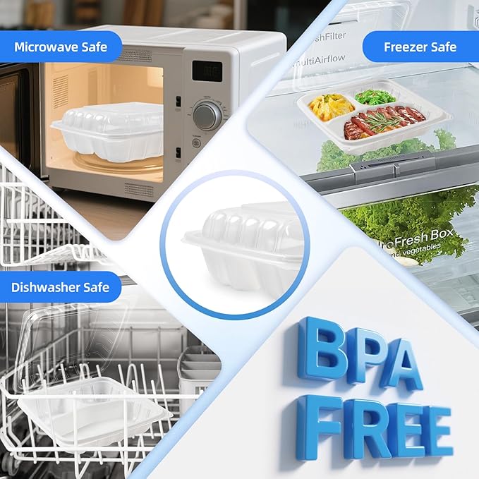 YANGRUI Plastic Containers 8" 34 oz 25 Pack - Reusable Fog Free Crystal Lid Technology | BPA Free PP Freezer & Microwave Safe Shrink-Sealed Takeout Box | White Restaurant 3 Compartment Food Container