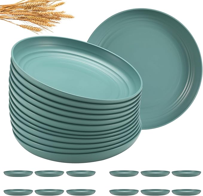 12 Pcs Unbreakable Deep Dessert Plates Set, 8 inch Reusable Plastic Wheat Straw Plates, Microwave and Dishwasher Safe Plate for Kitchen, Lightweight Plate for Dessert, BPA Free, Dark Green