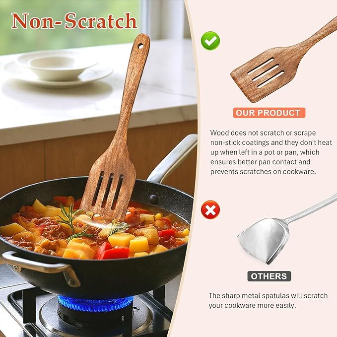 3Pcs Wooden Spatulas, Wooden Spatula for Cooking Long Handle Frying Turner Non-Stick Slotted Spurtle and Wood Scraper for Flipping, Scraping, and Turning, Cooking Utensils Set