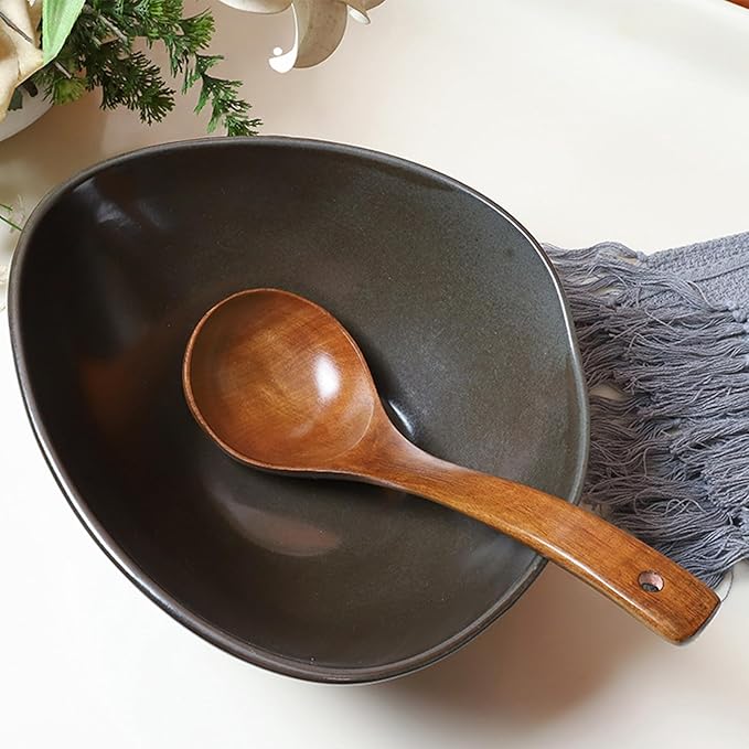 FJNATINH Wooden Soup Ladle with Long Handle Handmade Wooden Spoons for Cooking Kitchen Cookware Utensil