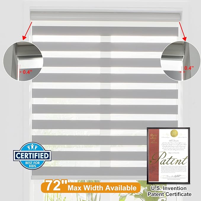 Persilux Cordless Zebra Blinds for Windows Free-Stop Window Blinds (35" W X 47" H, Grey) Dual Layer Light Control for Day and Night, Light Filtering Sheer Shades for Home, Easy to Install