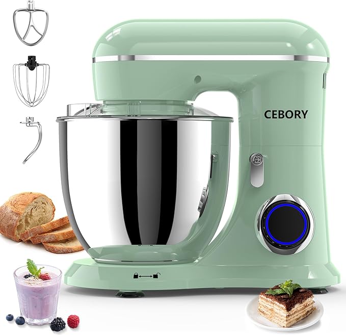 CEBORY 3-IN-1 Electric Stand Mixer, 6.5QT Bowl 660W 10-Speed Kitchen Mixer, Household Food Mixers include Dough Hook, Beater and Whisk, Bread Cake Mixer for Baking and Most Home Cooks, Agave Green