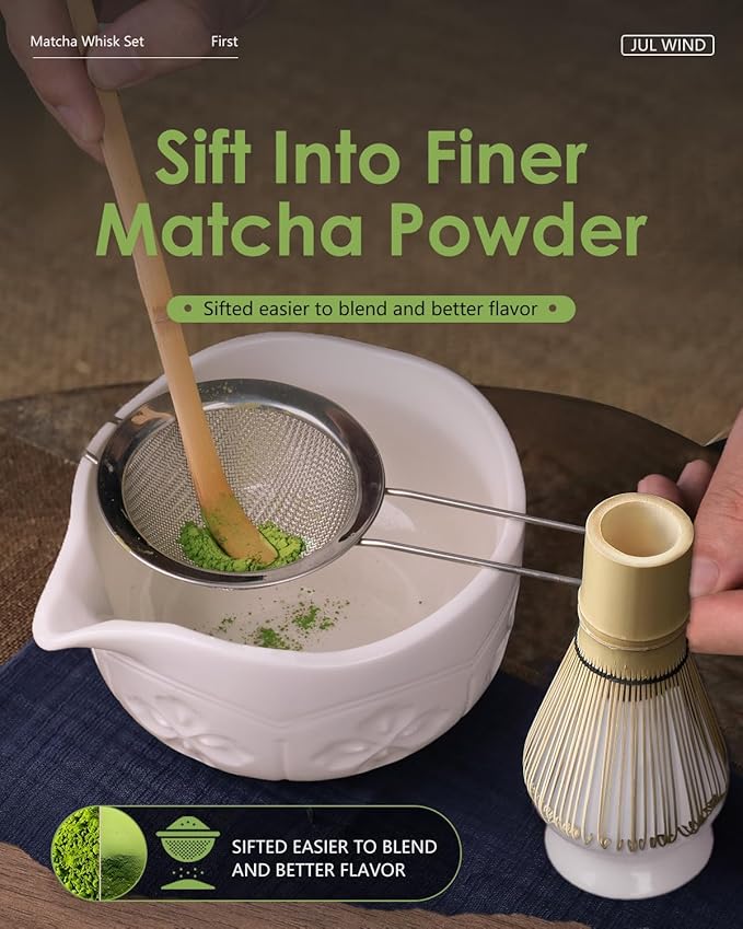 Matcha Whisk Set, Ceramic Matcha Set Includes Matcha Bowl with Spout, Matcha Whisk and Holder, Bamboo Scoop, Sifter and Tea Towel - 6 Pcs Matcha Kit Gift for Matcha Lovers Beginners (White)