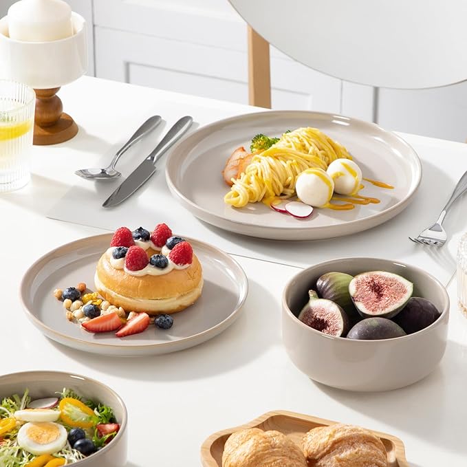 vancasso PLAYA Ceramic Plates and Bowls Sets,24 Pieces Grey Dinnerware Sets for Kitchen,Reactive Glaze Dishes Set for 8, Dishwasher and Microwave Safe