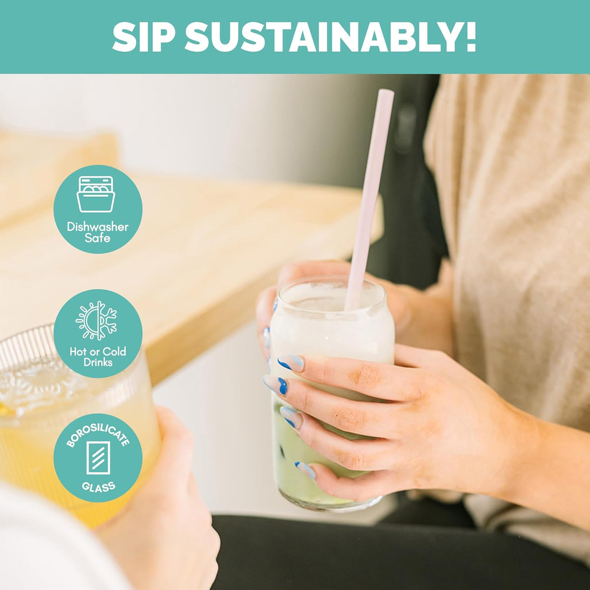 Simply Straws 10 Inch Glass Straws Straight (6-Pack) – Reusable Glass Straws for 24 Oz Mason Jars & Tumblers, with Cleaning Brush – Durable, Dishwasher Safe, Hot & Cold Use, BPA-Free (Meadow)