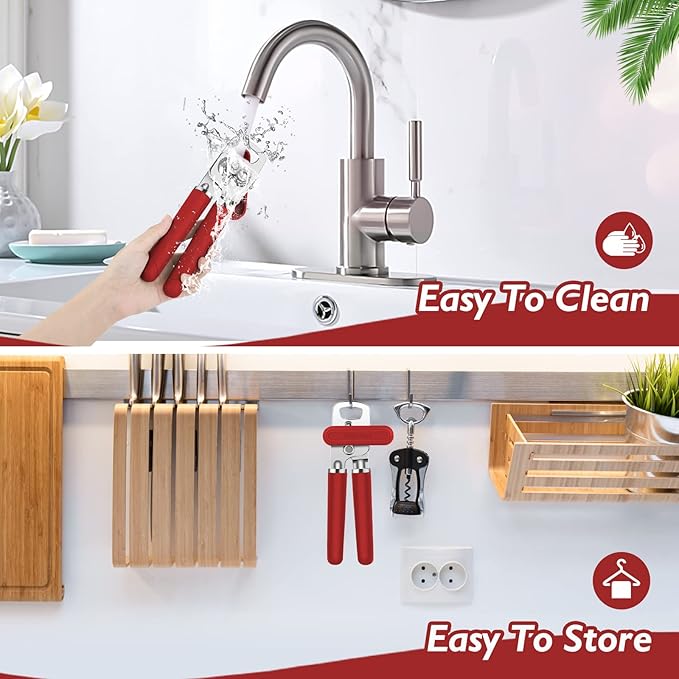 10 Colors, Manual Handheld Heavy Duty Hand can Opener Smooth Edge Stainless Steel, Top Lid Kitchen Gadgets, Best Large Rated Easy Turn Knob, with Bottle Opener, Red