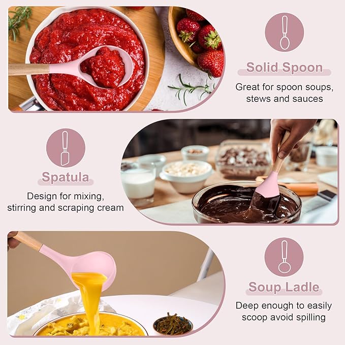 P&P CHEF Cooking Utensils Set, 6 PCS Kitchen Utensils with Wooden Handle, Silicone Spatula for Nonstick Cookware, Easy Clean & Non-toxic, Pink