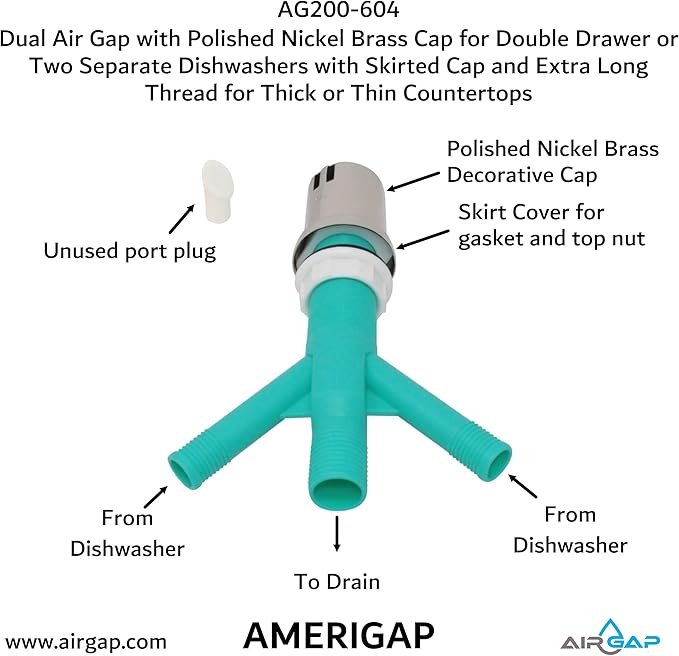Dual Air Gap with Polished Nickel Brass Cap for Double Drawer or Two Separate Dishwashers with Skirted Cap and Extra Long Thread for Thick or Thin Countertops (AG200-604, AG200-X04,AMERIGAP)