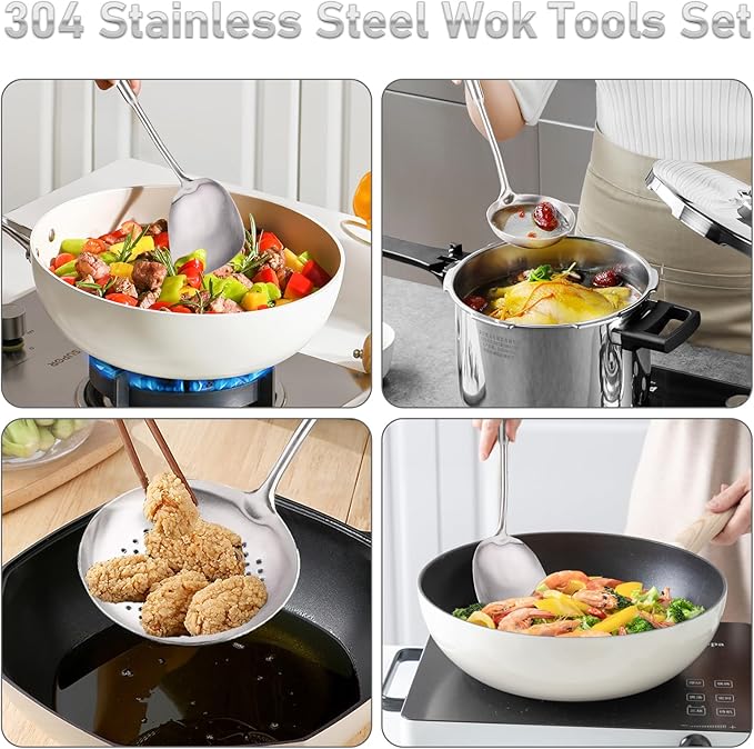 FJNATINH 4-Pieces 304 Stainless Steel Wok Spatula Set,Cooking Utensil Set,Soup Ladle Colander,Nonstick Kitchen Cooking Utensils Set with Spatula,Kitchenware Tools