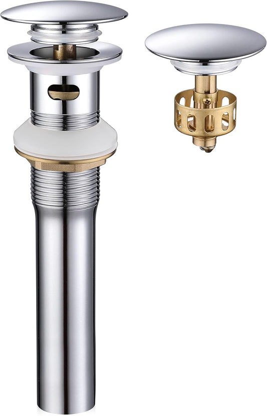 Pop up Sink Drain Stopper with Overflow Chrome for Bathroom Vessel Vanity Sink Art Basin, Big Cap Sink Drain with Overflow, Metal Pop-up Drain Strainer with Detachable Basket Stopper
