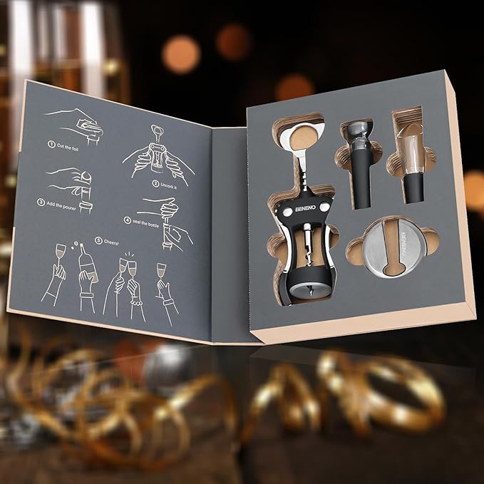 Beneno Multifunctional Wine Bottle Opener Gift Set - Wing Corkscrew, Foil Cutter, Vacuum Stopper & Aerator Pourer, Perfect for Wine Lovers Man Woman, Black Set