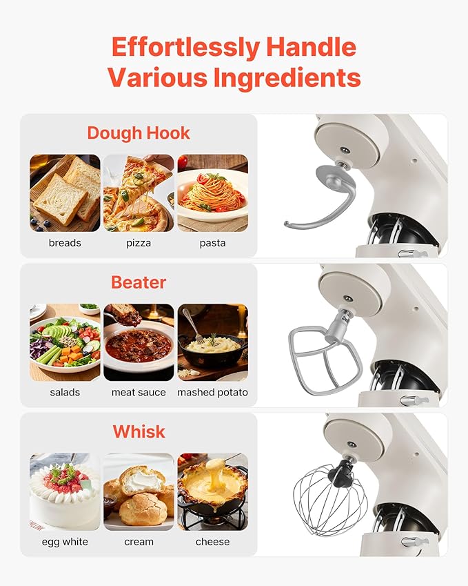 VEVOR Stand Mixer, 6 QT Dough Mixer, 660W 6 + P Speeds Tilt-head Food Mixer with Stainless Steel Bowl, Dough Hook, Wire Whip, Flat Beater, Scraper, Household Stand Mixer for Baking & Mixing, White