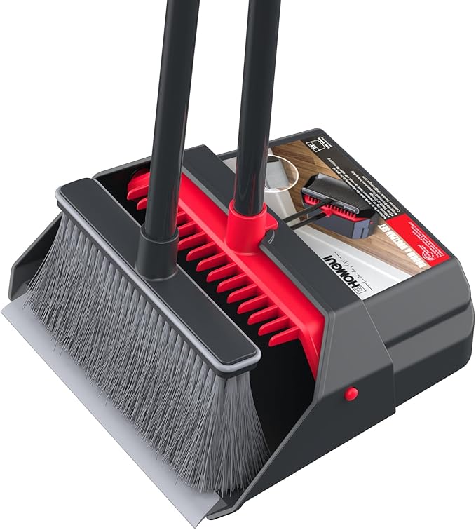 Broom with Dustpan Combo Set, Dust Pans with Long Handle, Brooms with Dustpan, Dust Pan Broom Kit for Home Kitchen & Yard Outside Sweeping(Gray&Red)