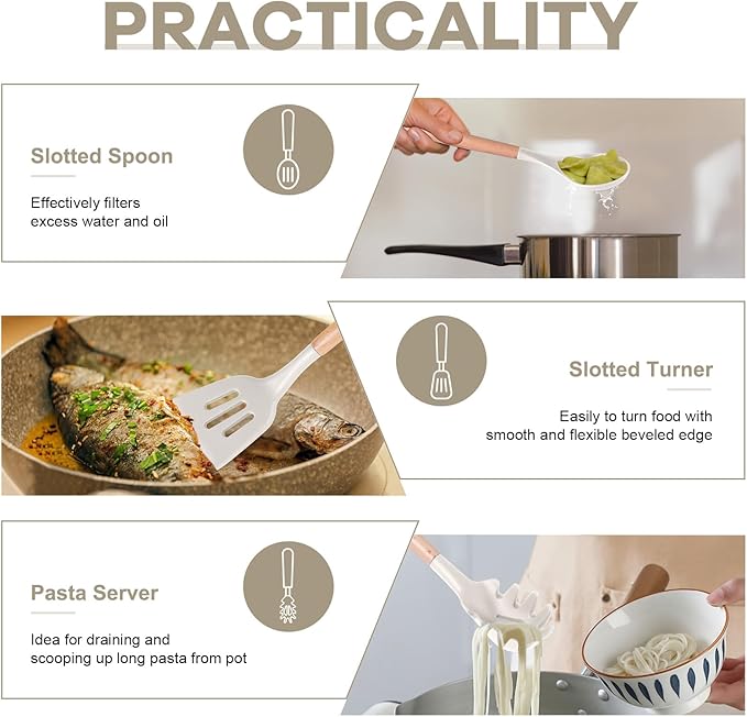 P&P CHEF Cooking Utensils Set, 6 PCS Kitchen Utensils with Wooden Handle, Silicone Spatula for Nonstick Cookware, Easy Clean & Non-toxic, Khaki