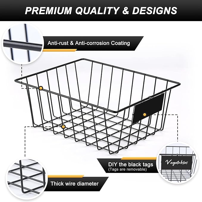 8 Pack Wire Storage Baskets for Organizing with Removable Tags, Pantry Organization Bins for Kitchen Cabinets, Closet - Metal Basket for Laundry, Garage, Refridge, Bathroom Countertop Organizer, Black