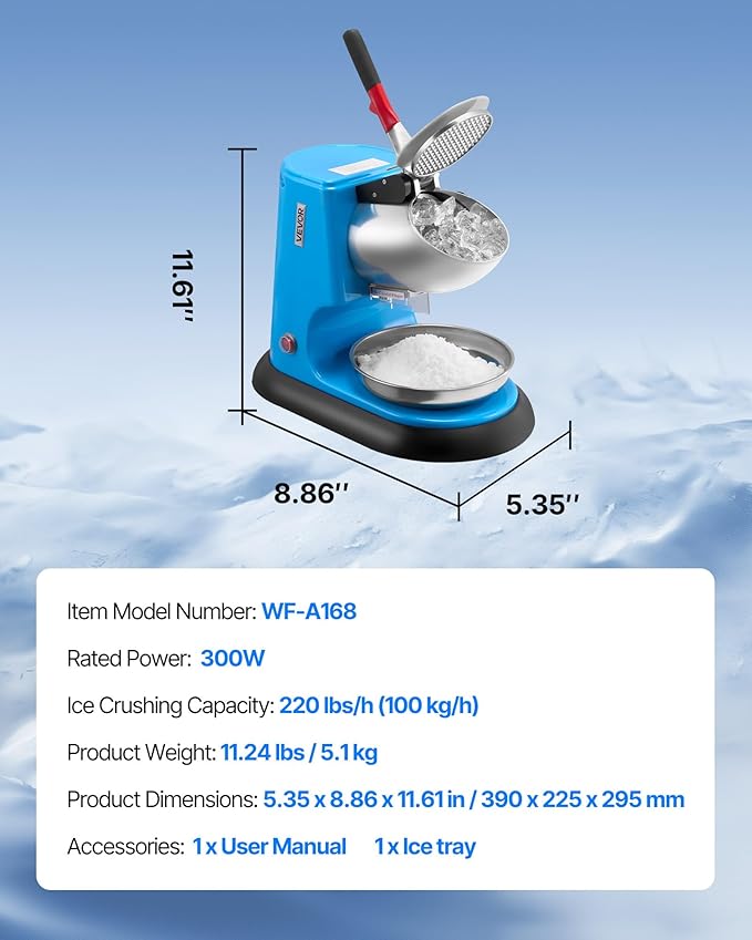VEVOR Ice Crusher Machine, 220lbs Per Hour Electric 4 Blades Snow Cone Maker, Stainless Steel Shaved Ice Machine with Bowl and Cover, 300W 1400RPM Ice-Shaver for Home and Commercial Use, Blue