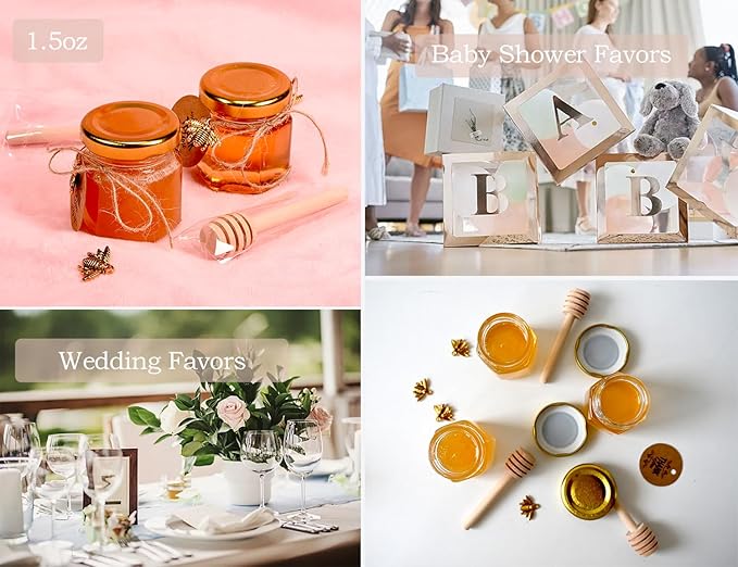 Adabocute 60 Pack Mini Honey Jars with Dipper - Honey Pot with Gold Lid, Bee Pendants, Jutes, Gift Bags and Stickers - For Baby Shower Wedding Favors