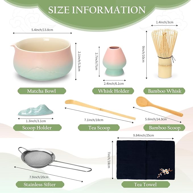 Matcha Whisk Set, Matcha Bowl with Spout, 8PCS Matcha kit, Matcha Whisk and Bowl, Matcha Chasen, Bamboo Scoop, Scoop Rest, Sifter and Tea Towel, Gifts and Ceremony Set for Macha Lovers.(Gradient)
