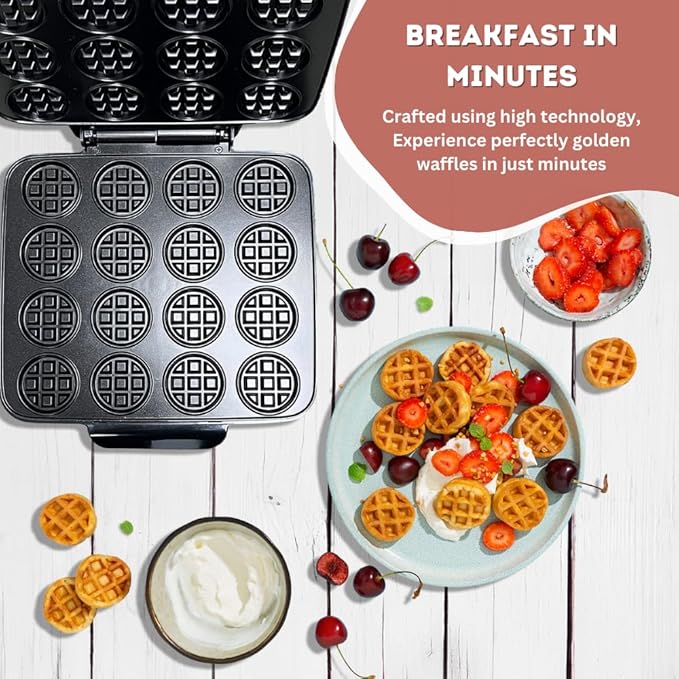 16 PCS Mini Waffle Maker Machine, Nonstick Waffles Iron Quick Heat-Up Surface, Simple & Easy Tiny Chaffle Baker for Home & Restaurants, Small Bites for Kids, Perfect for Breakfast, Desserts & Snacks