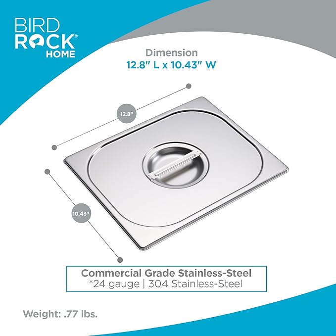 BIRDROCK HOME Stainless Steel Steam Table Pan Lids - Restaurant and Catering Supplies - 24 Gauge Steel - Perfect for Meal Prep, Cooking, and Food Storage Container - 6 Pack, Fits 1/2-Size Hotel Pans