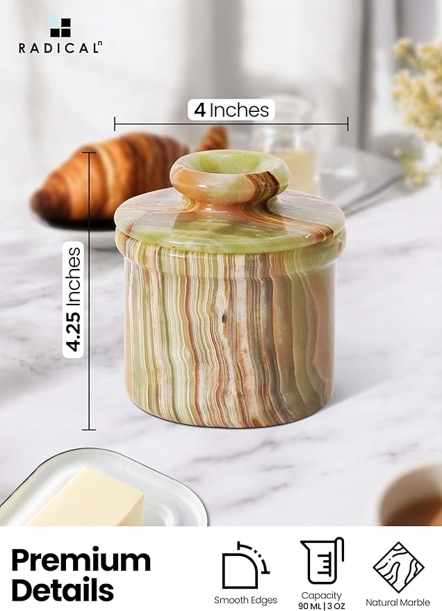 Radicaln Marble Butter Keeper 4.25'' Inches Green Onyx Handmade Butter Storage Container French Butter Dish for Kitchen Countertop & Butter Crock For Counter With Water