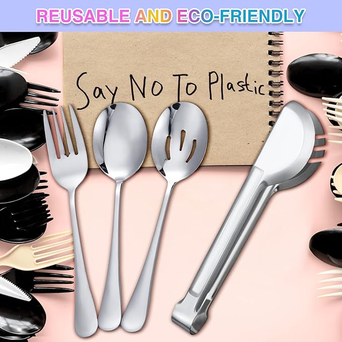 Patelai 15 Pieces Christmas Stainless Steel Silver Serving Utensils Set 8.7" Large Spoons and Slotted Spoon 9.45" Tong 9" Forks Flatware Wedding Party Buffet Banquet Cooking Kitchen Catering