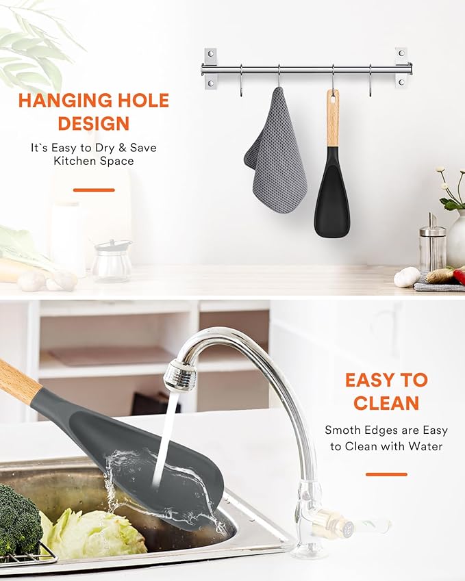 Cooking Spoon for Nonstick Cookwares, Great for Cooking and Serving Sturdy BPA-Free Matte Silicone, Wood Handle Spoon for Mixing, Scoop, and Scrape (Black & Grey, 11.4 inch)