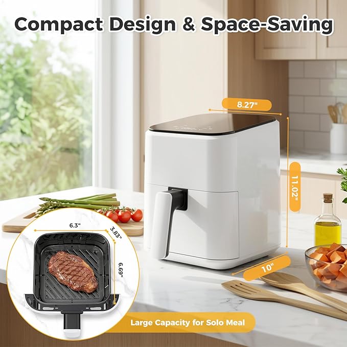 OLIXIS 3QT Air Fryer, Small Air Fryer with Digital PP Touch Panel, 400℉ Max Temp, Overheat Protection and Auto Shut-off, Nonstick and Dishwasher Safe Basket for Roast, Bake, Broil, Reheat, White
