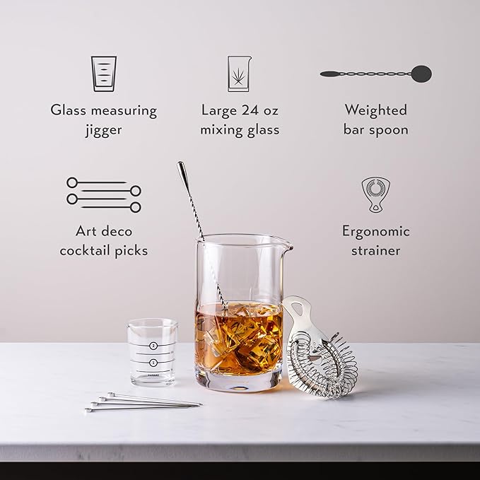 Cork & Mill Cocktail Mixing Glass, Old Fashioned Kit, Large 24 oz Crystal Cocktail Mixer for Bartenders, 9-Piece Home Bar Accessories Set for Manhattans and Other Whiskey Drinks