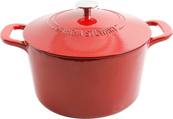 MARTHA STEWART Gatwick 7-Quart Enamel Cast Iron Dutch Oven – Red Ombre – Heavy-Duty Dutch Oven for Slow Cooking, Braising & Baking