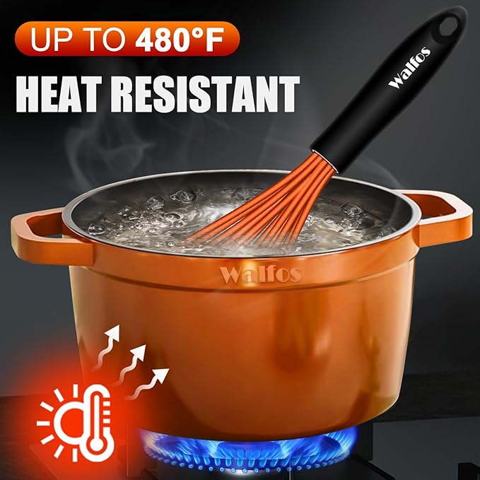 Walfos Whisk, Silicone Whisks Set of 5, Mini Stainless Steel Whisk 7+5in and Non Scratch Coated 7+9+11in Whisks, Suitable for Blending, Whisking, Beating, Frothing & Stirring. (Orange)