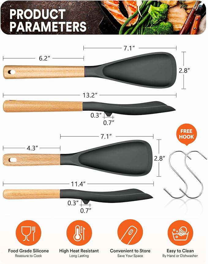 Multifunction Spatula Spoon for Nonstick Cookwares, Great for Cooking and Serving, Sturdy BPA-Free Matte Silicone, Wood Handle Spatula for Mixing, Scoop, and Scrape, Grey(2 pack,11.4" & 13.4")