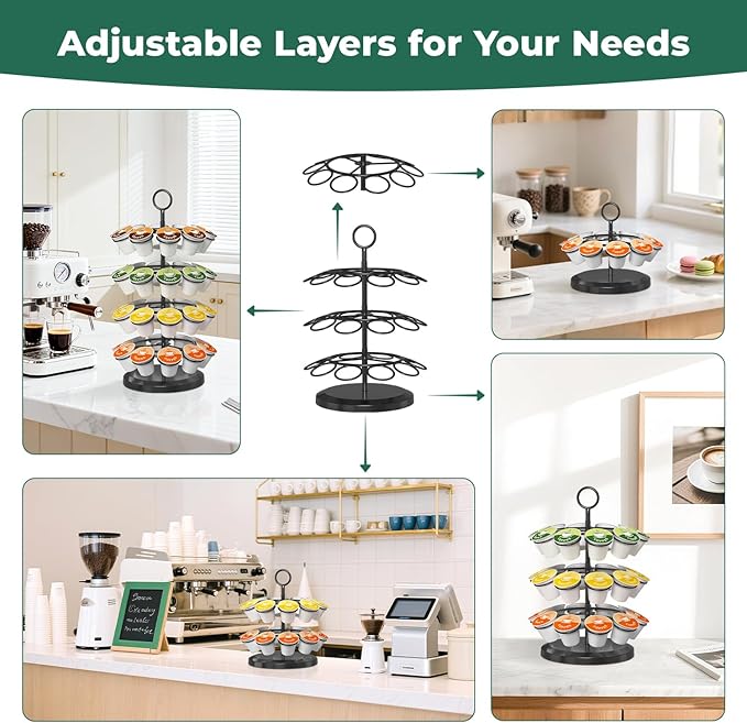 EsLuker.ly K Cup Holder Coffee Pod Organizer Carousel for Counter, Metal Storage Rack Stand for Kitchen, Rotatable 4 Tier Pod Tower Tree for 40 K Cups, Space Saving Meets Elegance, Black