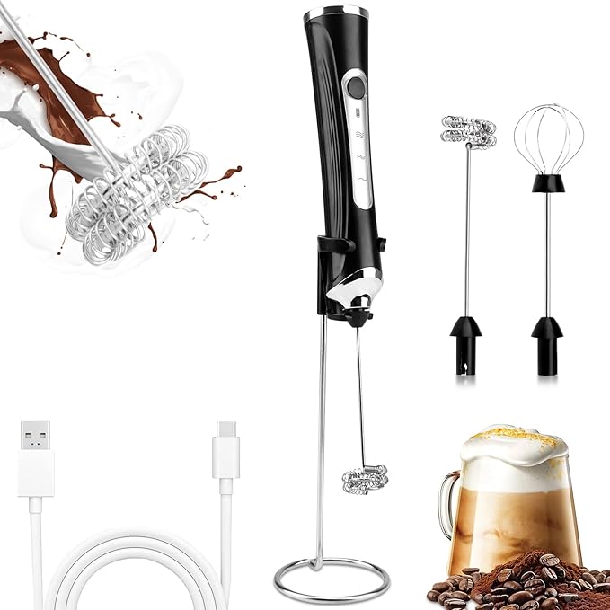 TonJin Milk Frother USB C Rechargeable New Upgraded Handheld Frother Wand with 2 304 Stainless Whisks 1 Stand, 3 Speeds Electric Coffee Whisk Frother for Lattes, Cappuccino, Egg, Matcha, Black