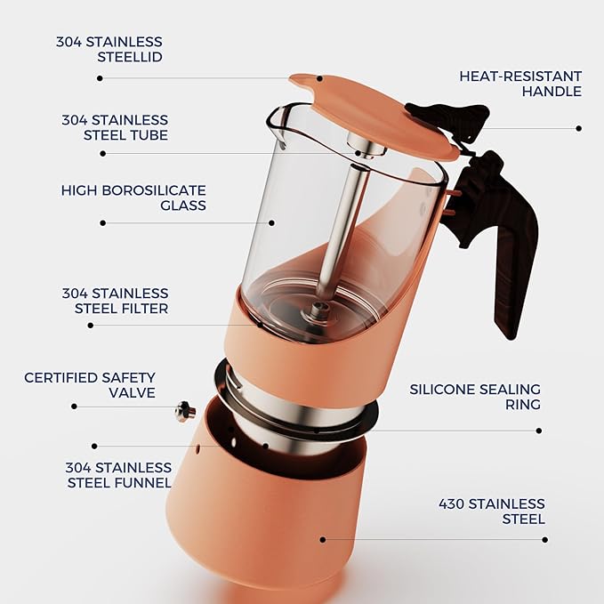 Glass Moka Pot for Stovetop & Induction - Italian Espresso Maker with Wood Handle & Leak-Proof Design - Comes with Induction Heat Diffuser Plate (6 Cup, Pale orange 240ml)