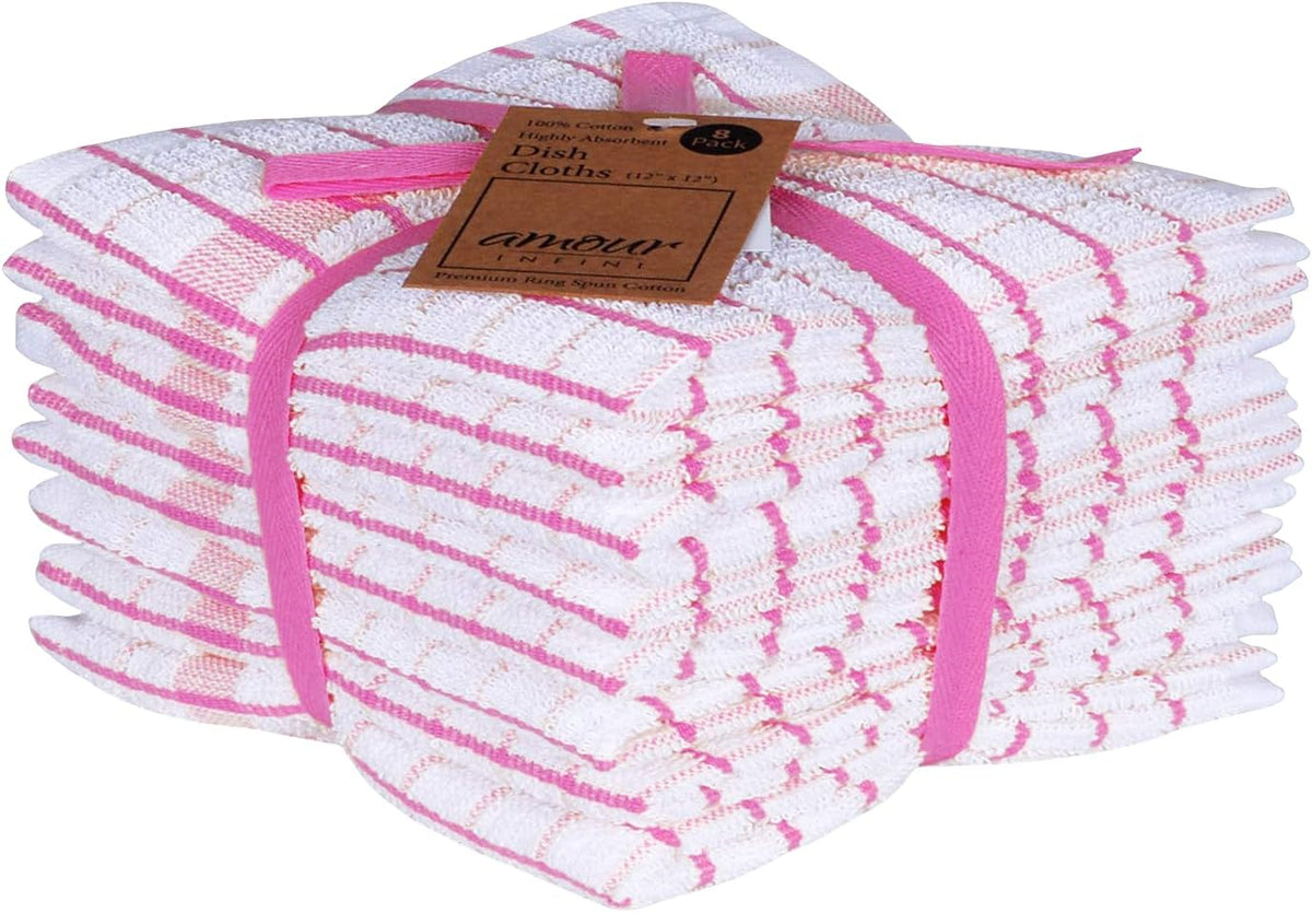 AMOUR INFINI Kitchen Dish Cloths Set of 8 - Ultra Soft, Highly Absorbent, Quick-Drying Terry Cotton Dishcloths 12"x12" Inch Wash & Cleaning Cloths for Kitchen & Dishwashing (Pink)