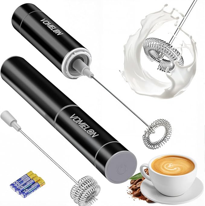 Milk Frother Handheld, Battery Operated Coffee Foamer Drink Mixer with 2 Stainless Steel Electric Whisks for Coffee, Latte, Cappuccino, Hot Chocolate, Protein，Egg Batteries Included,Black