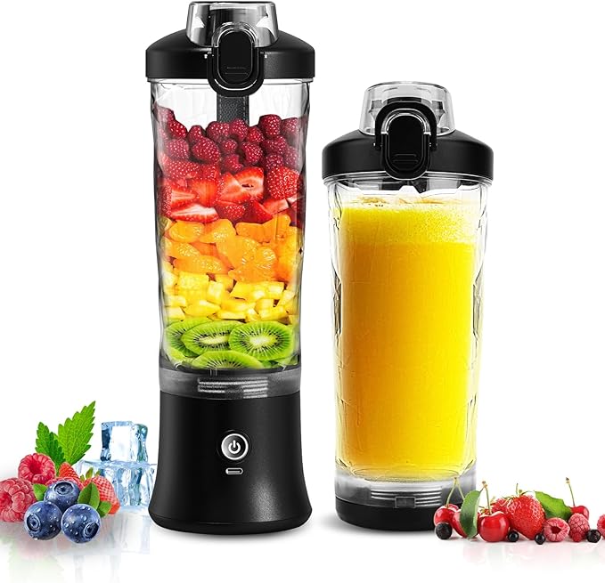 Portable Blender Personal Juicer for Shakes and Smoothies - 20 OZ Electric Protein Shaker Bottle with 6 Blades, Travel Lid, USB-C Rechargeable - Mini Small Blender Cup for Kitchen, Office, Gym