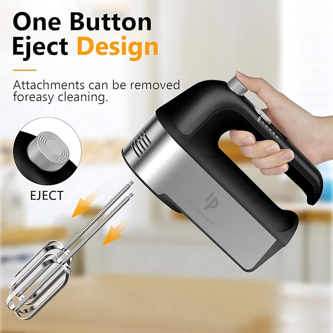 Hand Mixer Electric, 450W Kitchen Mixers with Scale Cup Storage Case, Turbo Boost/Self-Control Speed + 5 Speed + Eject Button + 5 Stainless Steel Accessories, For Easy Whipping Dough, Cream, Black