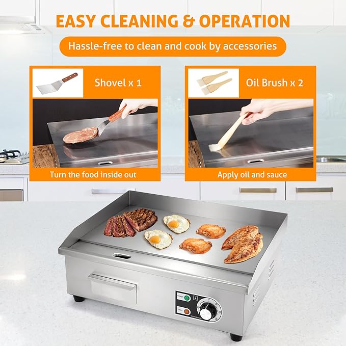WICHEMI Commercial Electric Griddle 22" 3000W Flat Top Grill Countertop Griddle Stainless Steel Teppanyaki Grill w/Iron Cooking Plate for Restaurant Kitchen, 110V