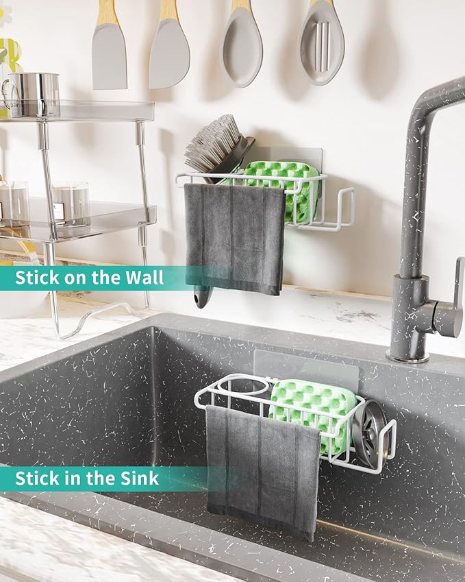 HapiRm Sponge Holder for Kitchen Sink, No Drill Kitchen Sink Caddy Organizer, Rustproof and Waterproof Dish Sponge Holder - White(8.65 * 3.54 * 2.36 in)