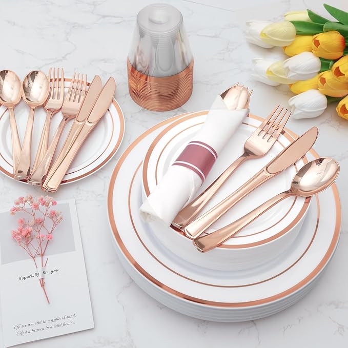 Goodluck 350 Piece Rose Gold Plastic Dinnerware Set for 50 Guests, Fancy Disposable Plates for Party, Include: 50 Dinner Plates, 50 Dessert Plates, 50 Pre Rolled Napkins with Silverware, 50 Cups