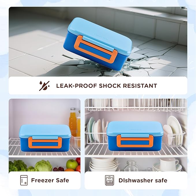 Bento Lunch Box for Kids With 8oz Thermo, Leakproof Bento Box with with 2 Compartments, Insulated Bottle, Lunch Bag, BPA Free Dishwasher Safe for School Girls Boys (Blue)