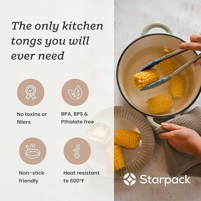 Starpack 'Get a Grip' Silicone Kitchen Tongs for Cooking 12 Inch - BBQ Silicone Tongs for Grill Heat Resistant to 600°F - Stainless Steel Utensils with Non Stick Rubber Tips for Serving Food