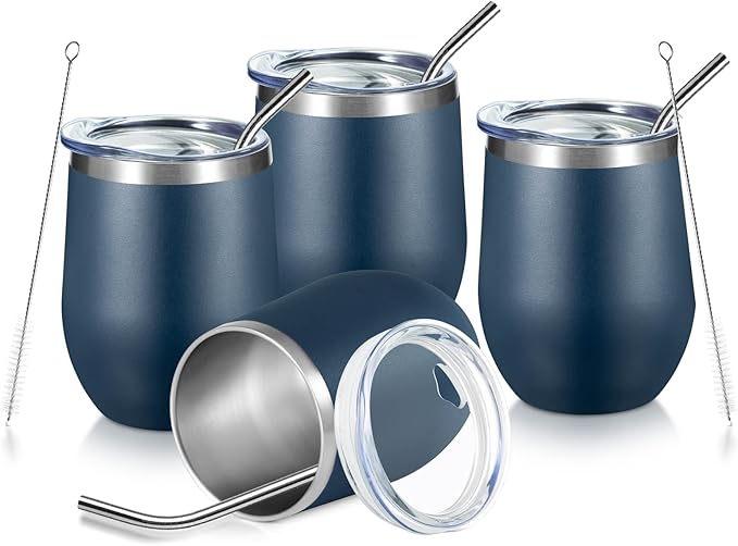 COMOOO Stainless Steel Wine Tumbler 4 Pack with Lid and Straw 12oz Double Wall Vacuum Insulated Wine GlassTumbler Cup for Hot and Cold Drinks, Coffee, Wine, Cocktails, Navy, 4 Pack