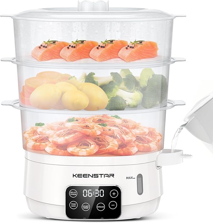 Electric Food Steamer, 13.7QT Vegetable Steamer with 3 Tiers BPA-Free Baskets, Digital Steamer with Appointment and Timer, 800W Simultaneous Cooking, Ideal for Veggies Seafood Rice White