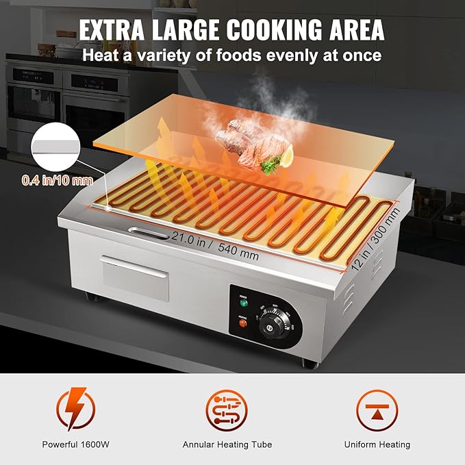 VEVOR Commercial Electric Griddle, 22", 1600W Countertop Flat Top Griddle, Stainless Steel Teppanyaki Grill w/Iron Cooking Plate, 122-572℉ Adjustable Temp Control 2 Shovels & Brushes, 110V