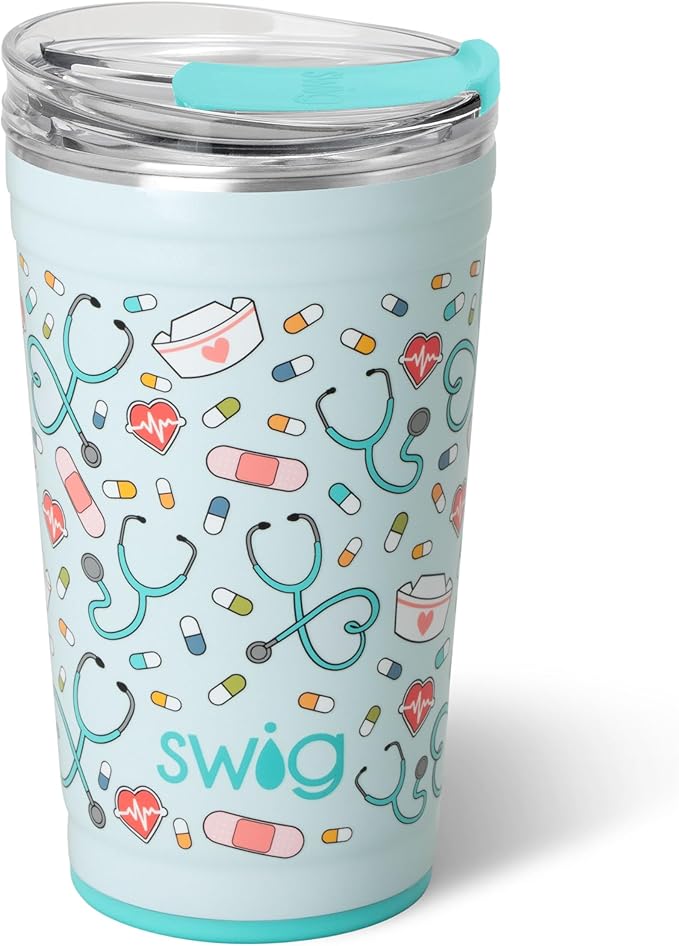 Swiglife 24oz Party Cup, Stackable Insulated Travel Coffee Tumbler with EZ Slider Lid, Cup Holder Friendly, Reusable, Stainless Steel 24 oz Tumbler, Nurse Gifts for Women (Scrub Life)