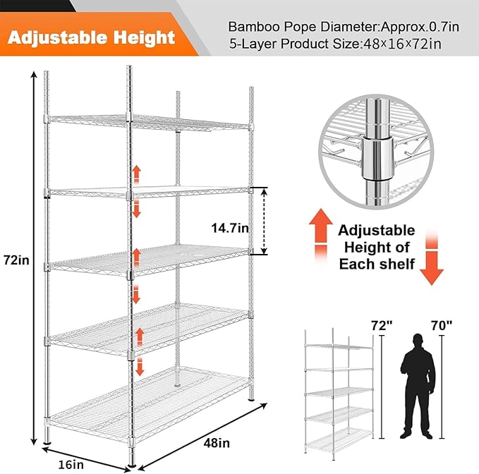 Land Guard 5 Tier Adjustable Metal Storage Shelves Heavy Duty, Chrome Garage Storage Racks and Shelving with 350 Pounds Per, Wire Shelves for Closets, Repository, Kitchen (5-Tier, 72" H×48“L×16”W)